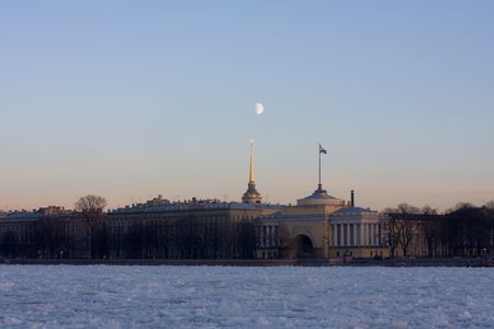 View to Neva with an ice and embankment in St.-Petersburgの写真素材