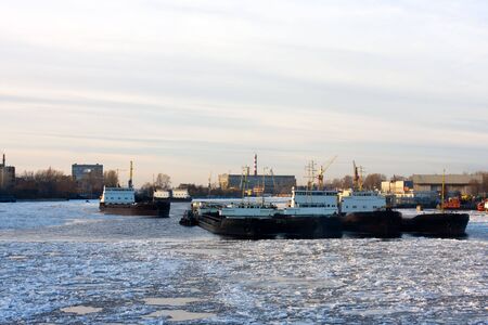the view of ships in frozen Petersburg's river