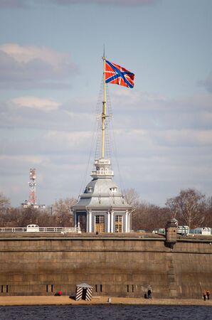Saint-Petersburg's navy flag above the fortress beachの写真素材