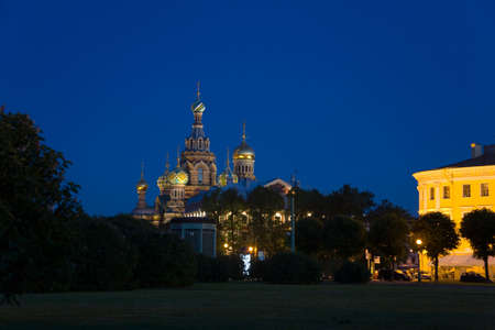 Illuminated church of Savior on Blood in night Saint-Petersburgの写真素材