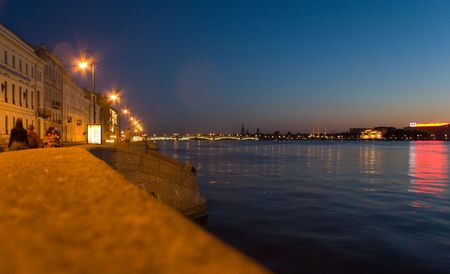 View of night Saint-Petersburg: illuminated quay of Neva riverの写真素材