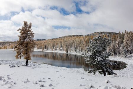 Winter landscape with lake in mountains, Altaiの写真素材