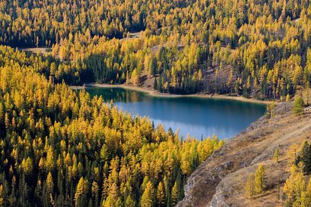 Mountain lake in a valley in the autumn, the top viewの写真素材