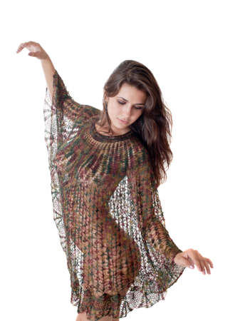 The girl in a transparent poncho on a white backgroundの写真素材