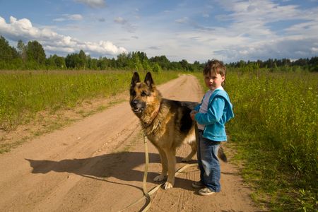 The little boy with a dog on rural roadの写真素材