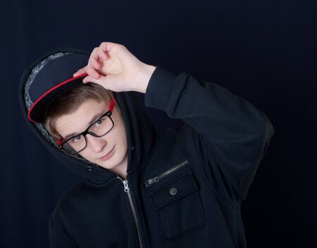 Portrait of the teenager in a black jacketの写真素材