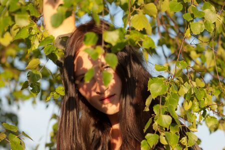 Portrait of the girl among birch foliageの写真素材