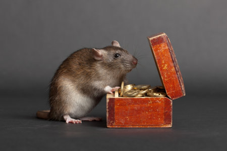 domestic rat with an old box of moneyの写真素材