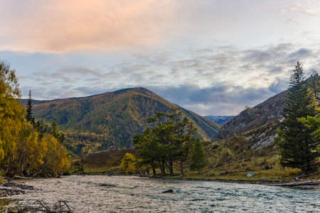 mountain river at dawn in the autumn