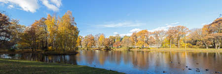 landscape in sunny autumn park with a river