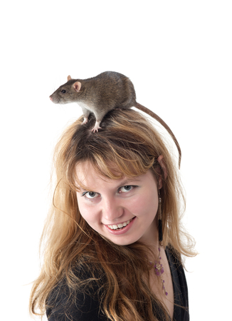 portrait of a girl with a rat on a headの写真素材