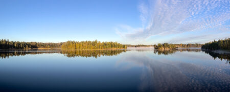 panorama of a forest lake on a sunny morningの写真素材