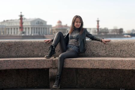 portrait of a girl on embankment in Sankt-Peterburgの写真素材