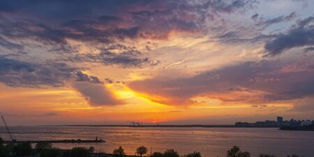 panorama of dramatic sunset over the bayの写真素材