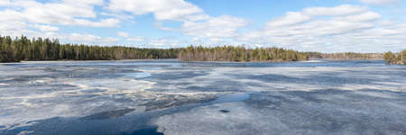 forest lake in the spring with melting iceの写真素材