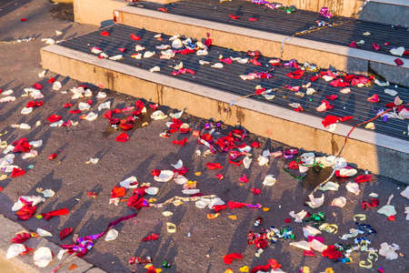 confetti fell on the day of the wedding on the stepsの写真素材