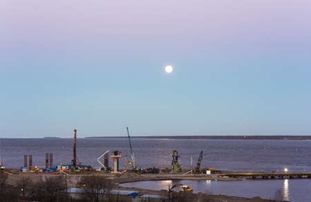 Construction site on the bay in the early morningの写真素材