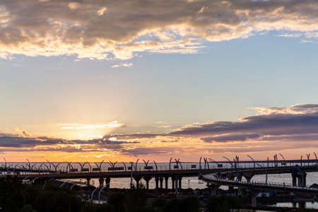 new bridge and the bay in Sankt-Peterburg at sunset