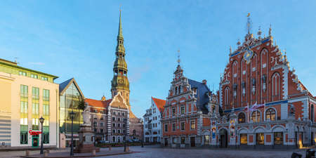 Riga, Latvia - December 5, 2013: panorama of the Town Hall Square in the old townのeditorial素材