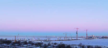 view of the construction site on a winter morningの写真素材
