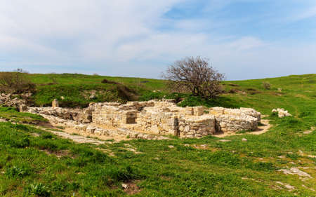 spring landscape with ruins in Chersonesos, Crimeaの写真素材