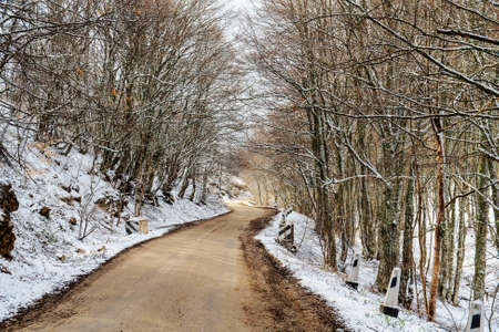 mountain road with snow in the spring