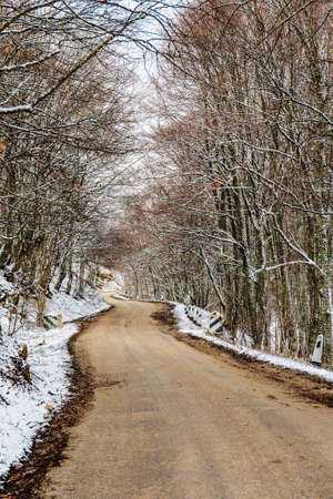 mountain road with snow in the springの写真素材