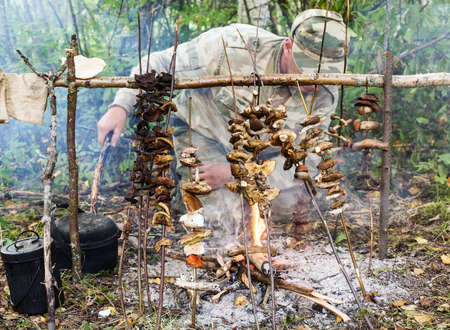 man dries mushrooms on a fire in the forestの写真素材