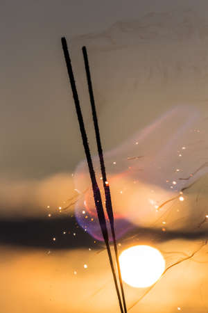 sparklers with color flames on the background of the sunset skyの写真素材