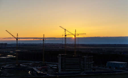 Top view of the construction site at sunset