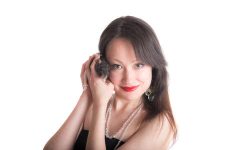 portrait of a girl with domestic rat, isolated