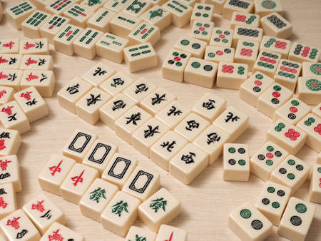 dice for playing mahjong on the tableの写真素材