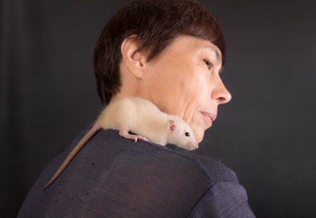 white baby rat on the shoulder of a womanの写真素材