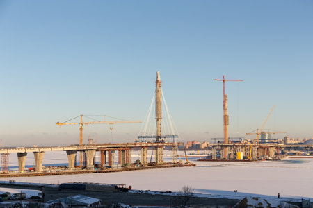 bridge construction site on a winter morningの写真素材