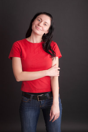 studio portrait of woman with long black hair
