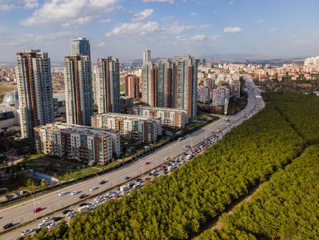 Drone photos of residences and tall apartments - Nature meets the city (Park Oran KonutlarÄ±, Ankara)の写真素材
