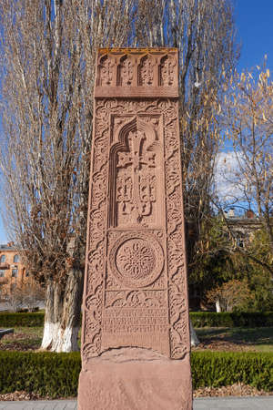 An Armenian Khachkar in Echmiadzin (Etchmiadzin) Vagharshapat, Armeniaの写真素材