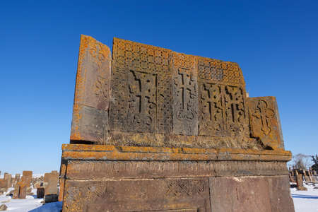 Ancient Armenian Khachkars at Noratus Cemetery, Armeniaの写真素材