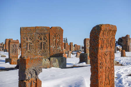 Ancient Armenian Khachkars at Noratus Cemetery, Armeniaの写真素材