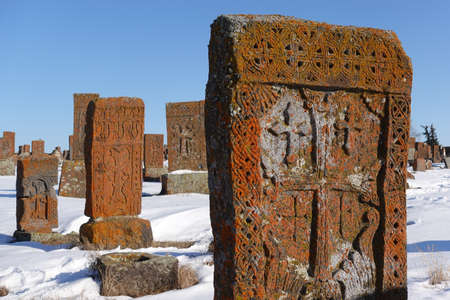 Ancient Armenian Khachkars at Noratus Cemetery, Armeniaの写真素材