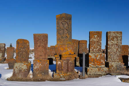 Ancient Armenian Khachkars at Noratus Cemetery, Armeniaの写真素材