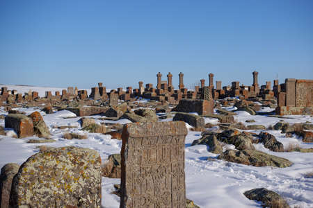 Ancient Armenian Khachkars at Noratus Cemetery, Armeniaの写真素材