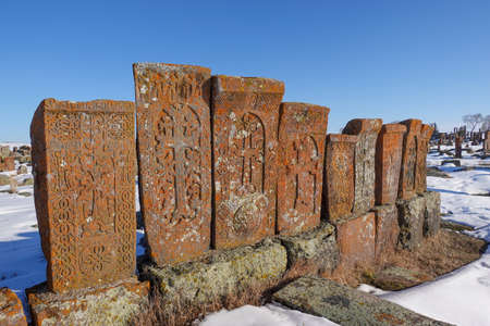 Ancient Armenian Khachkars at Noratus Cemetery, Armeniaの写真素材