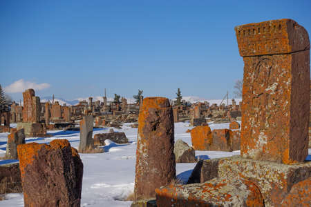 Ancient Armenian Khachkars at Noratus Cemetery, Armeniaの写真素材