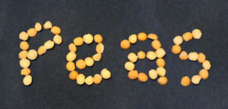 Orange peas laid out on black