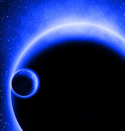 Alien blue planet with moon