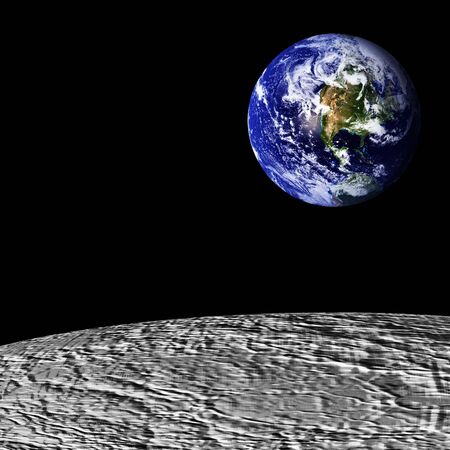 moon horizon with planet earth in outer spaceの写真素材