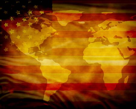 Worn american flag with integrated map of the worldの写真素材