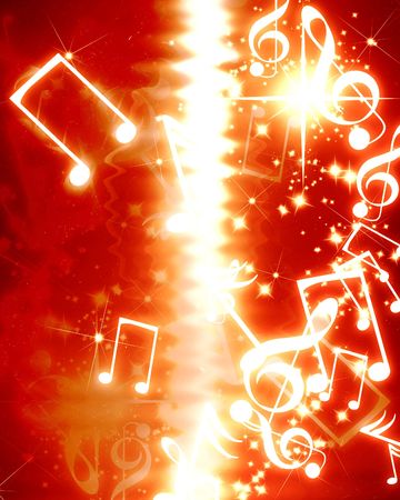musical notes on a bright red background with sparklesの写真素材