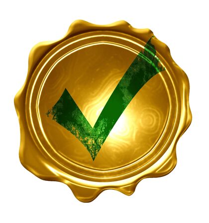 gold medal with a green approved tick on itの写真素材